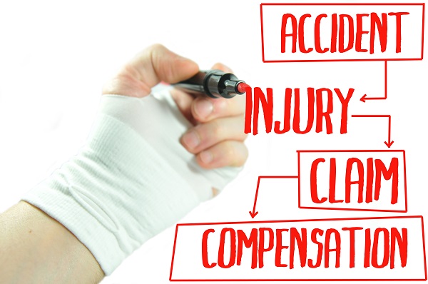 Illustration showing a person with a broken hand wearing a cast and writing in red marker about auto accident compensation